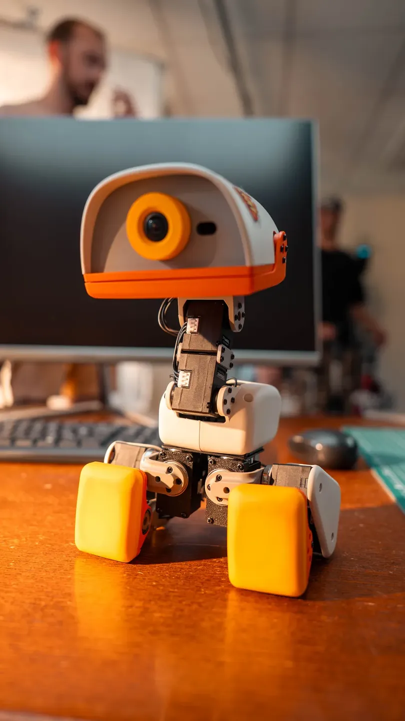 Microduck in front of a monitor